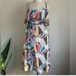 Trina Turk 100% Silk Cold Shoulder Ruffle Midi Dress Sunburst Print Size 8